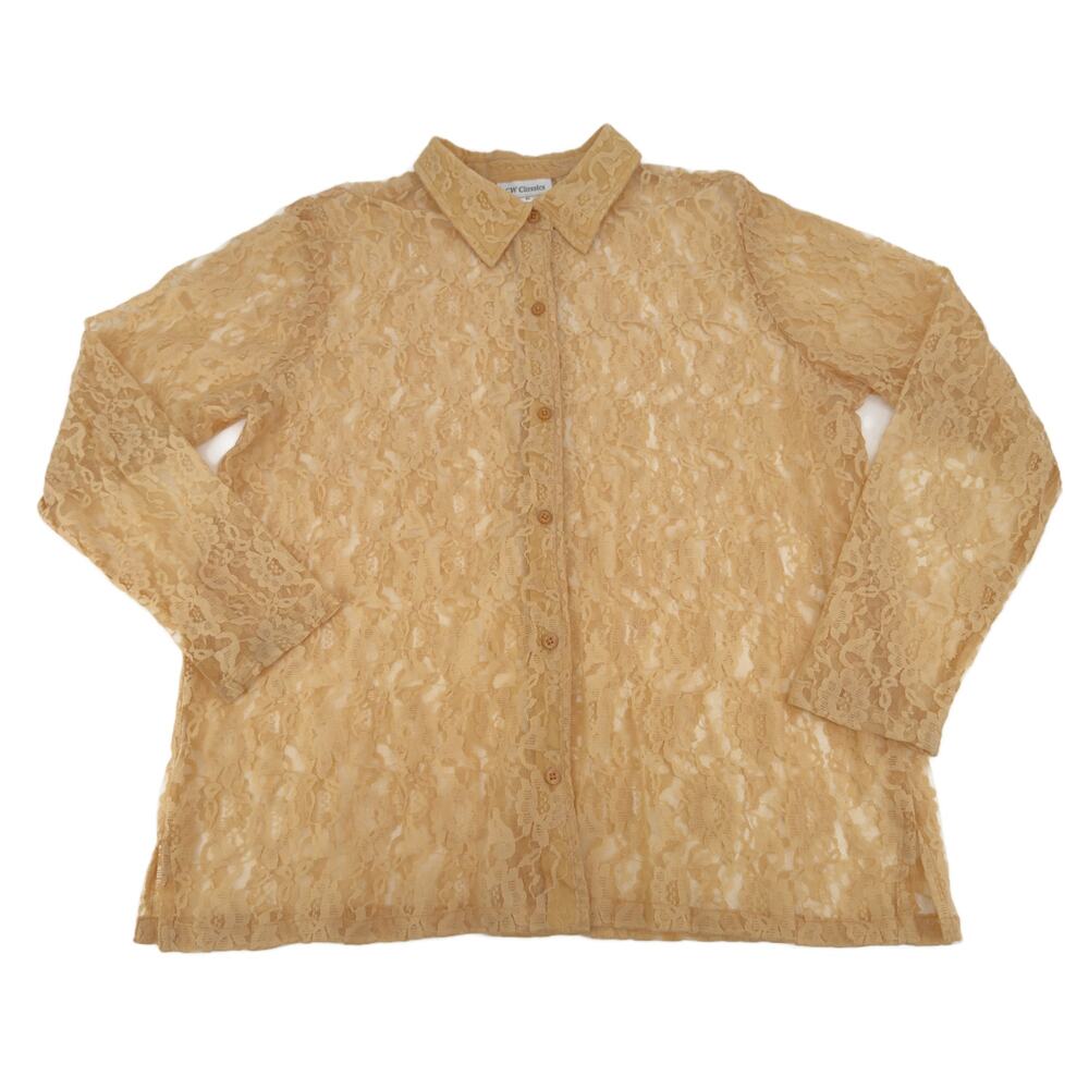 Vintage CW Classics Floral Lace Button-Up Shirt size XL Sheer Antique Beige - Picture 11 of 16
